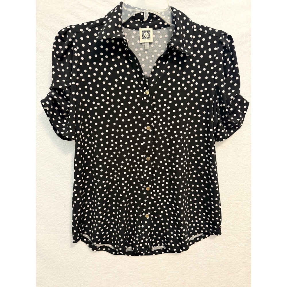 Anne Klein Womens Black White Polka Dot Puff Sleeve Button Down Blouse Small